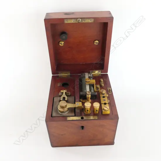 ELECTROTHERAPY DEVICE, PROBABLY VARNEYS 'LIFE INVIGORATOR' c.1900. IN MAHOG BOX 130 x 130 x 120mm